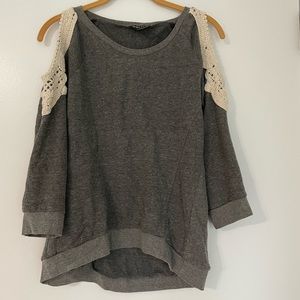 Grey, cold shoulder sweater with crochet details
